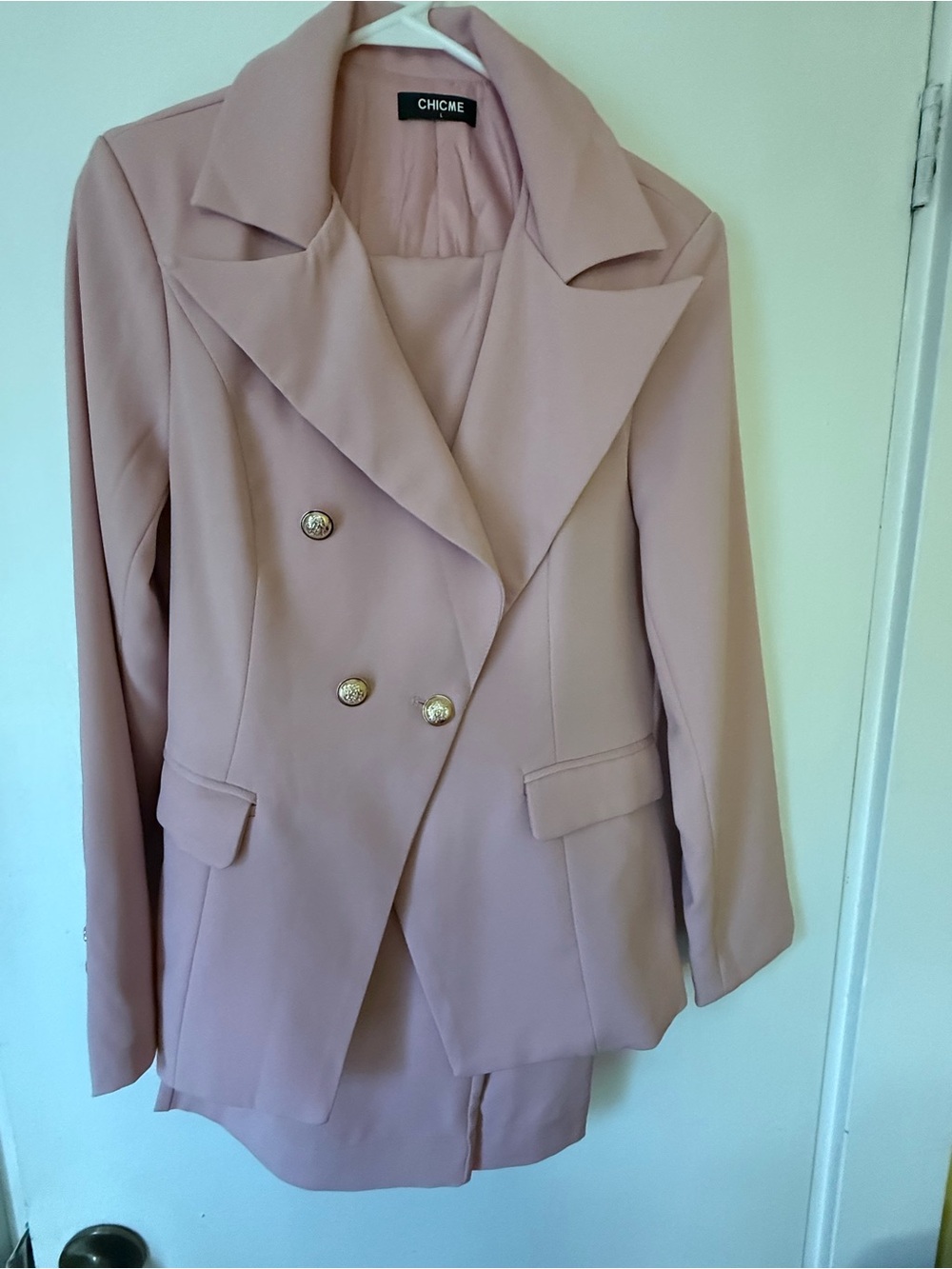 chic Blush Pink Double-Breasted Blazer with Gold-Tone Buttons